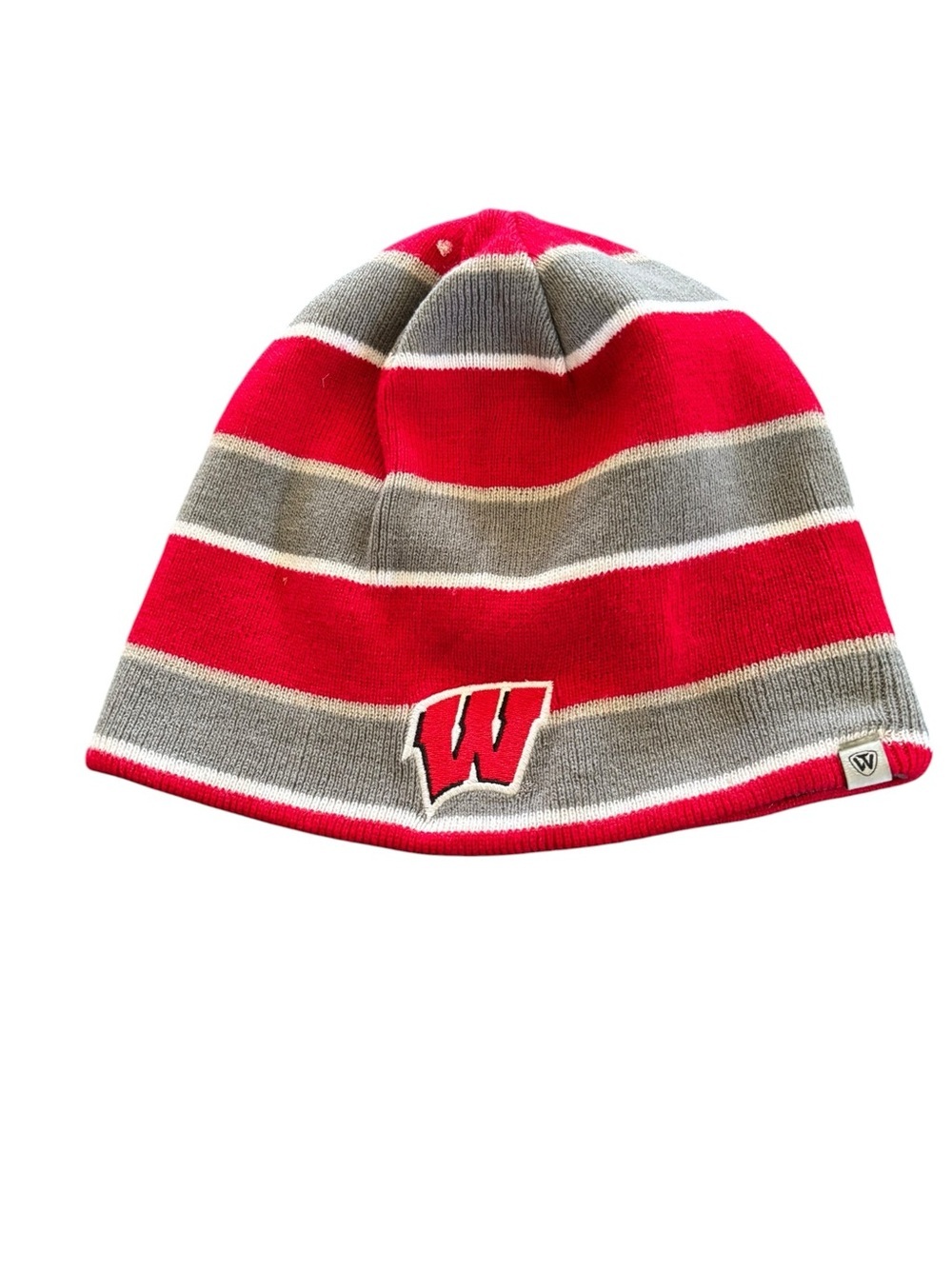 Reversible WI Badgers Beanie Hat Red Gray Striped Big W Badger OS Knit Fan - Picture 1 of 3